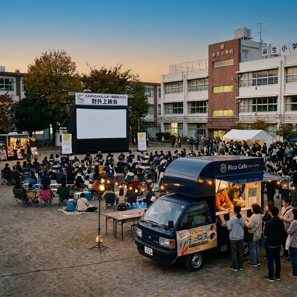 Rico Cafe churros truck at an outdoor event beside 麻生小学校, with vendors and customers