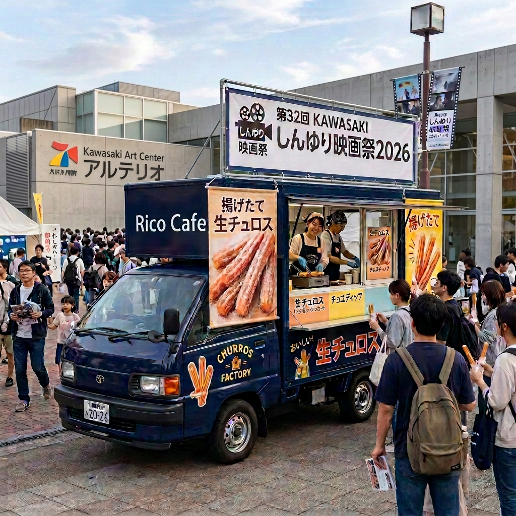 Churro truck serving festival visitors beneath a Shin-yuri Film Festival sign